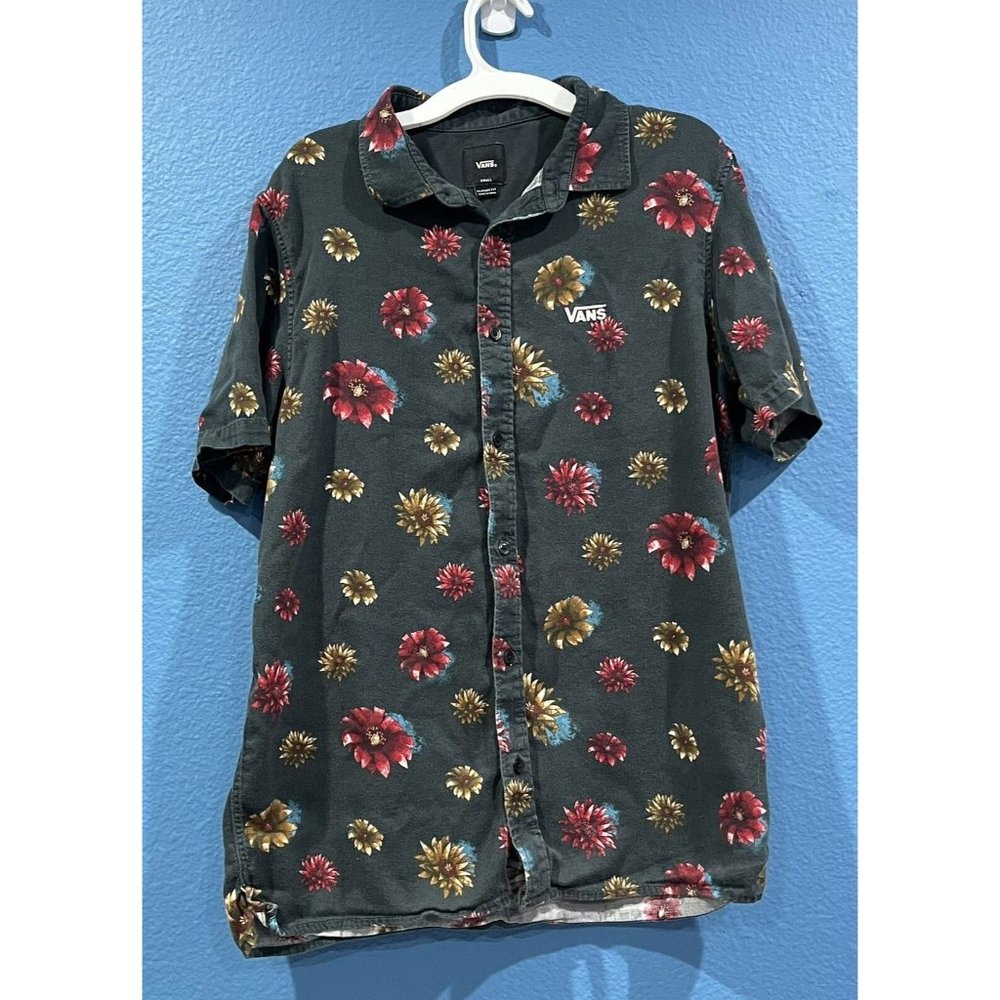 Vans Off The Wall Classic Fit Dark Green Floral Button Up Shirt Size Small